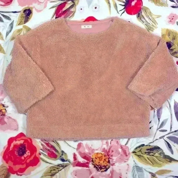 Madewell Teddy Bear Sherpa crewneck coral/pink cropped sleeves size medium - Picture 2 of 10